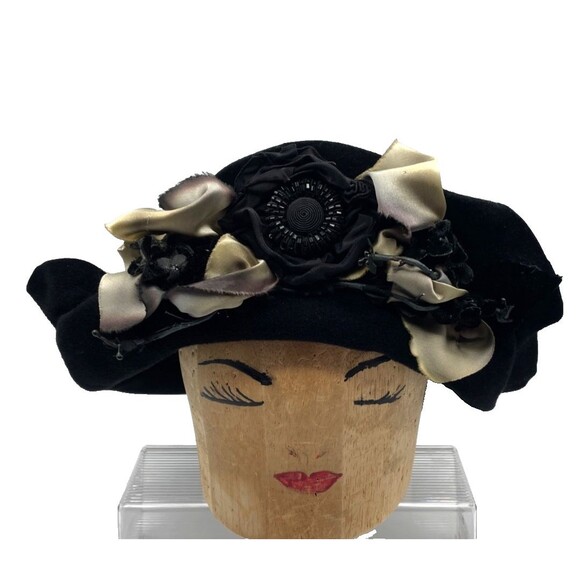 Louise Green Black Wide Brim Hat OS Black Felt with Ombre Ribbon & Bow Handmade main image 5